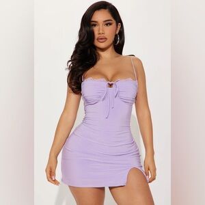 Fashion Nova Purple Lilac Ruched Sleeveless Tie Front Slit Backless Mini Dress